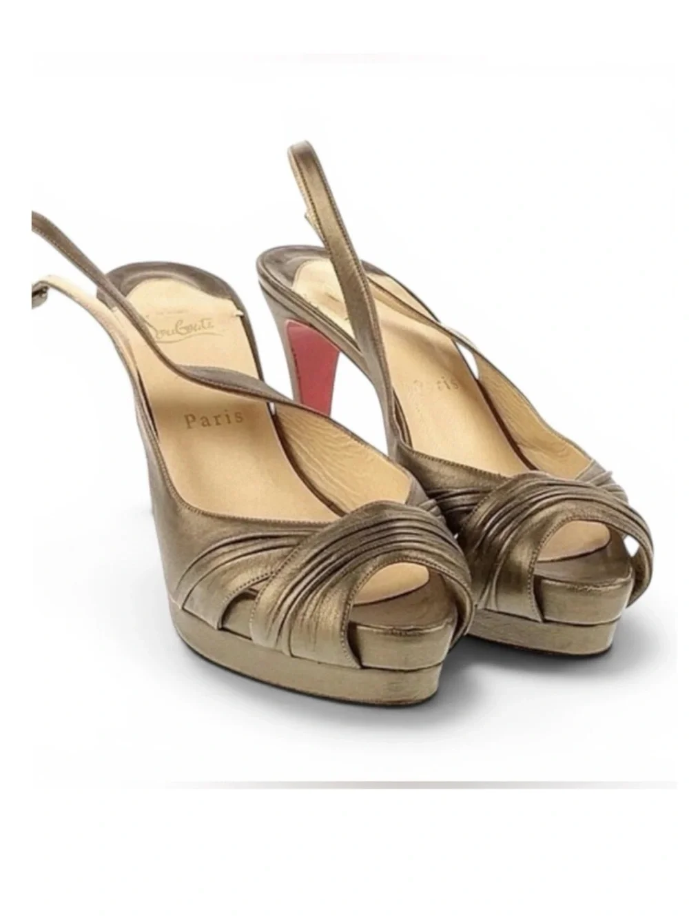 Christian Louboutin bronze leather peep-toe slingback pumps